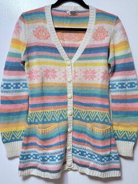 Rare 1970s Vintage Betsey Michael Milea Johnson Intarsia Knit Fair Isle Cardigan